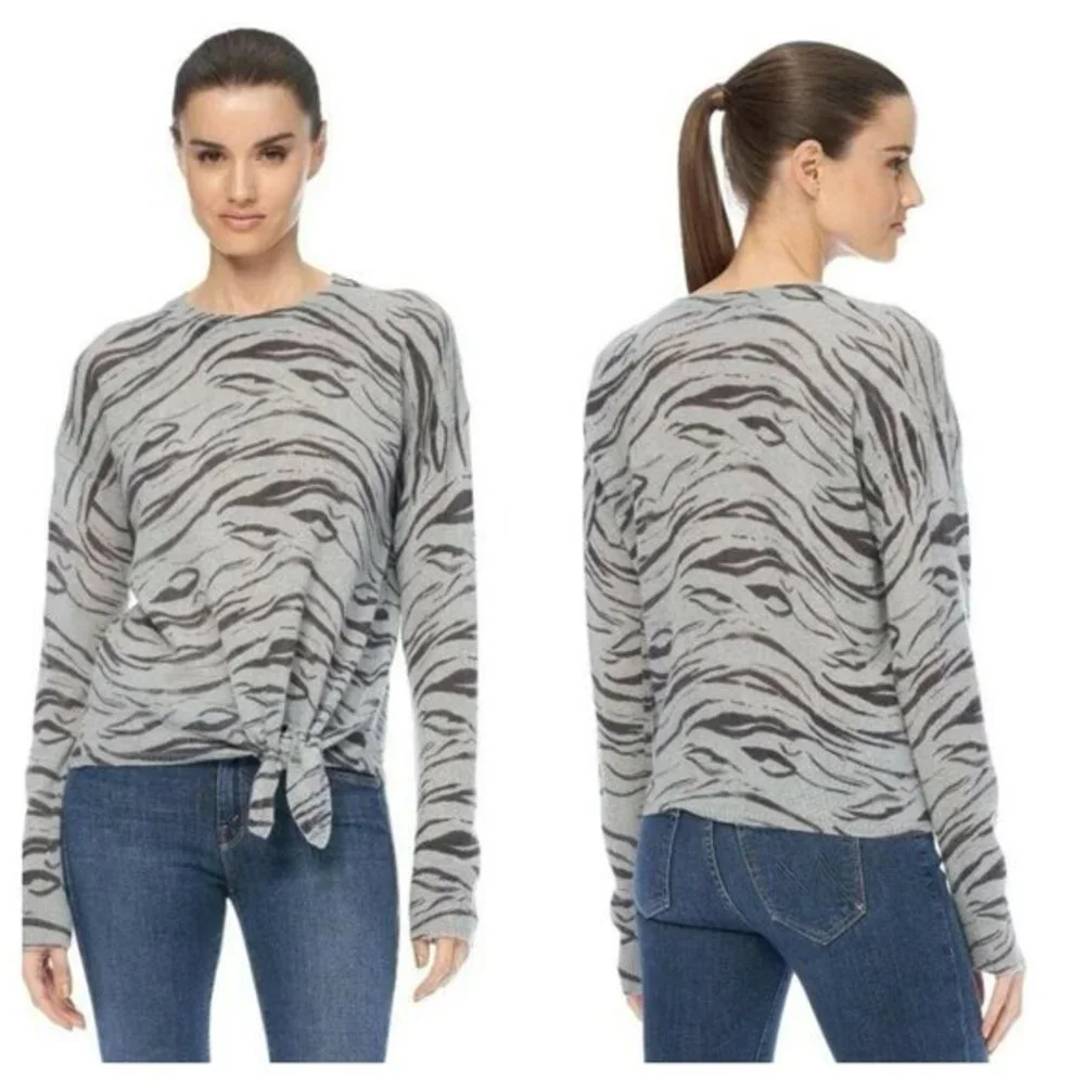 360 Cashmere Kourtney Zebra Print Tie-Front Cashmere Sweater Gray/Black